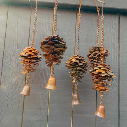 Handmade Metal Pinecone Chime with Bell – Artisan-Crafted Rustic Hanging Decor (11")