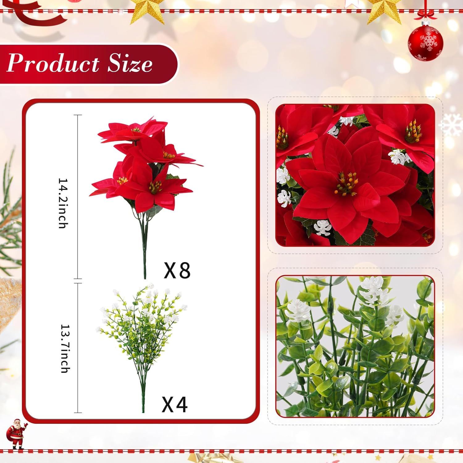 Artificial Christmas Poinsettia Flowers and fake eucalyptus white flower, for Outdoor Planters,Garden,Porch,Patio,Home Winter Decor - UV resistant, Waterproof, Windproof