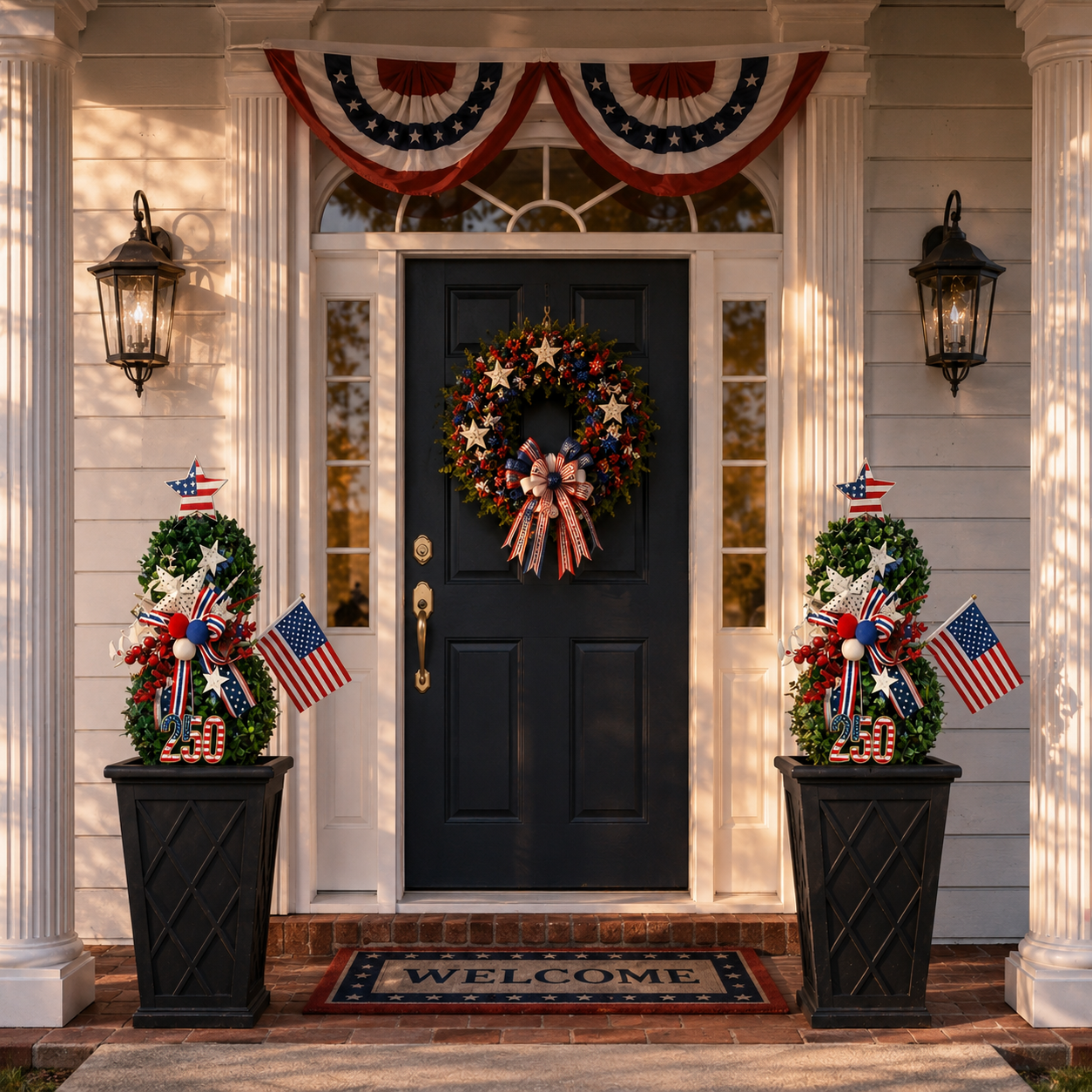 4th of July Artificial Boxwood Topiary with USA Bow, Mini American Flag & Star Topper