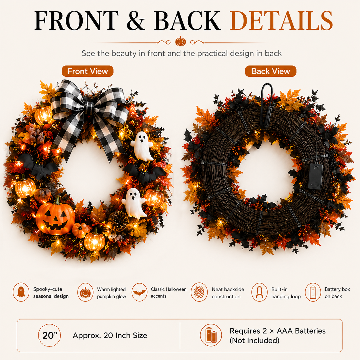 20 Inch Lighted Halloween Fall Wreath Warm - Spooky-Cute Charm for Your Front Door 🎃👻
