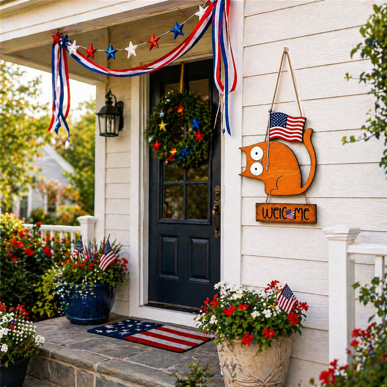 Patriotic Cat Welcome Sign Wooden Hanging Decor