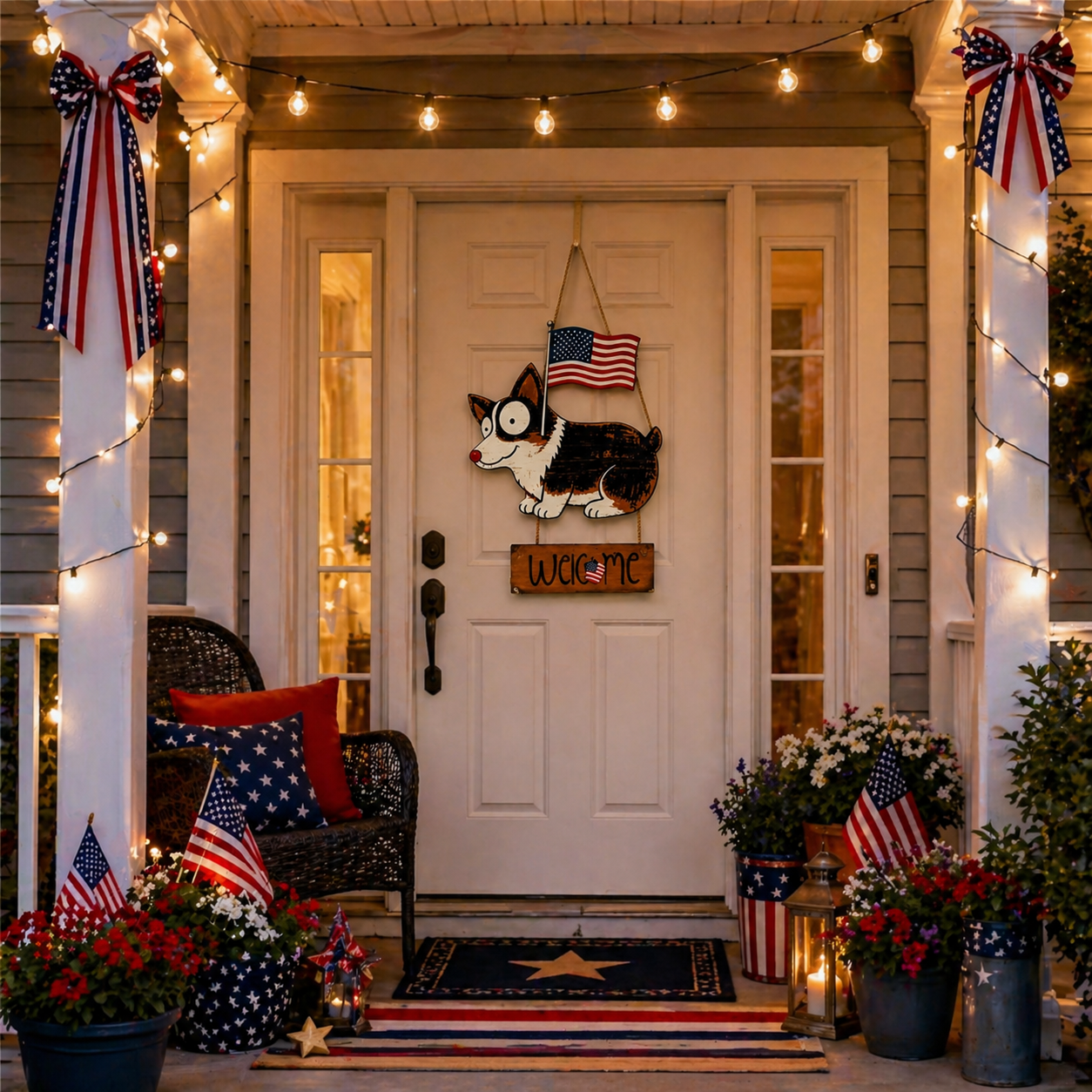 Wooden American Flag Dog Porch Sign for Front Door