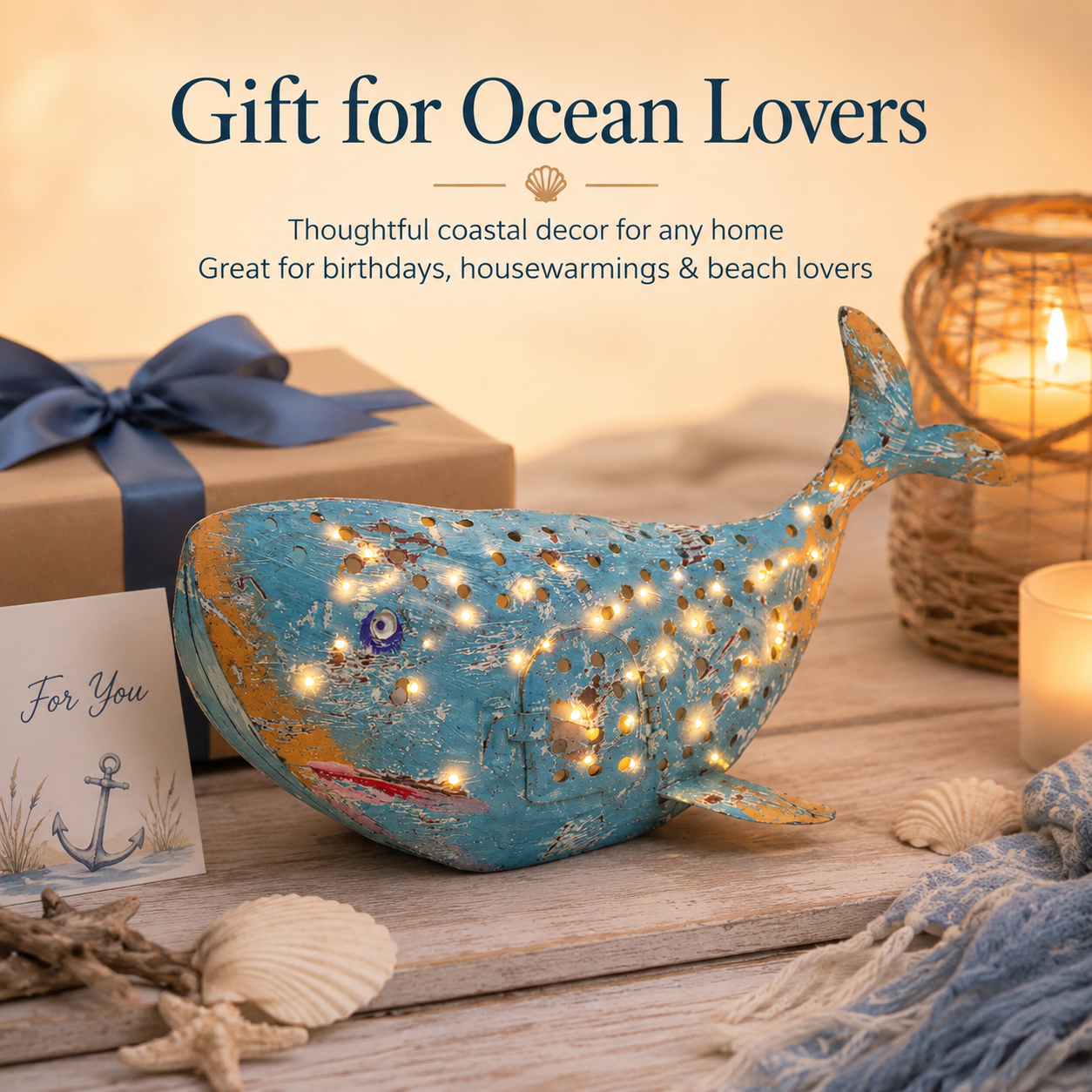 Coastal Metal Whale Lantern Decor