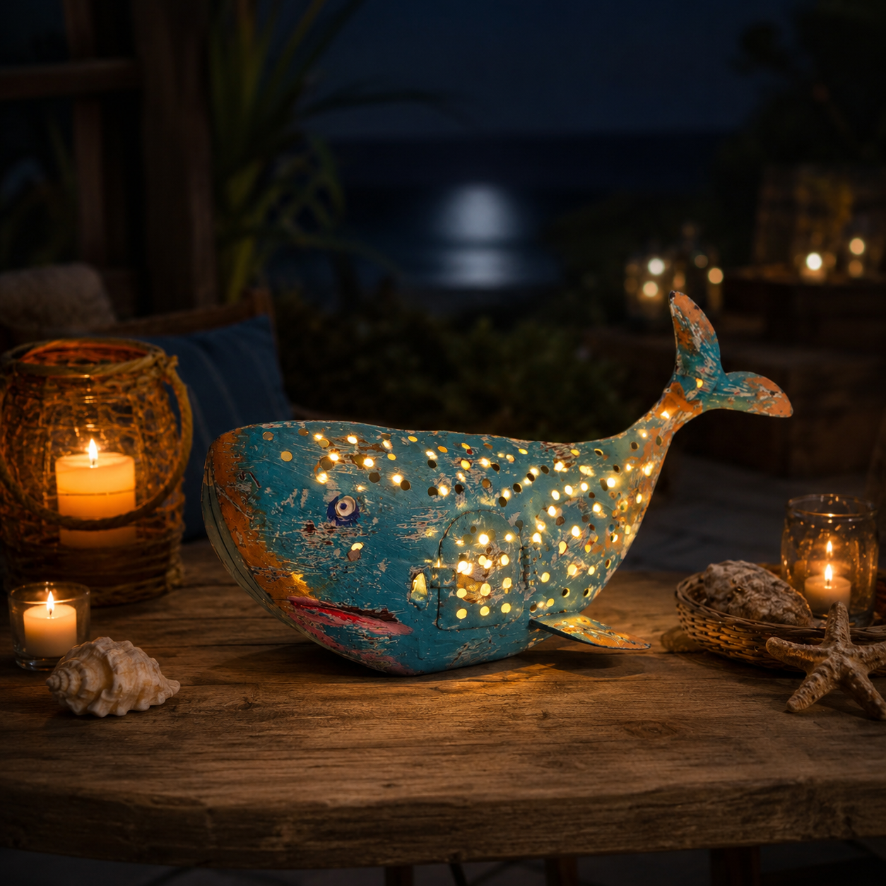 Coastal Metal Whale Lantern Decor