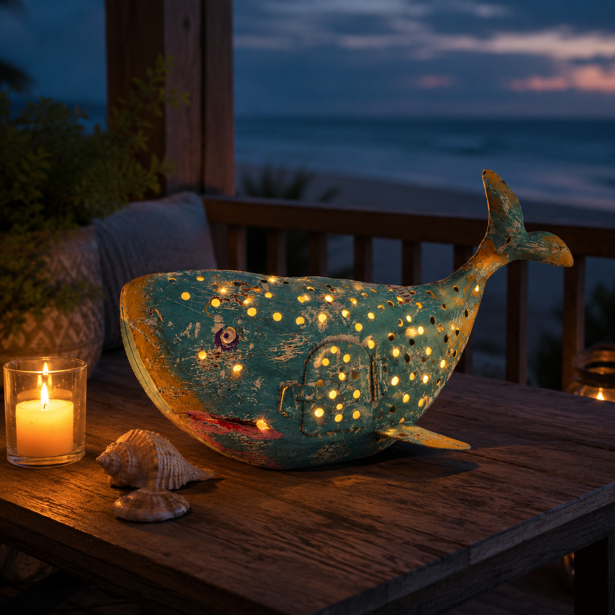 Coastal Metal Whale Lantern Decor