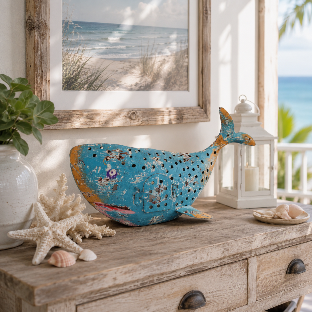 Coastal Metal Whale Lantern Decor