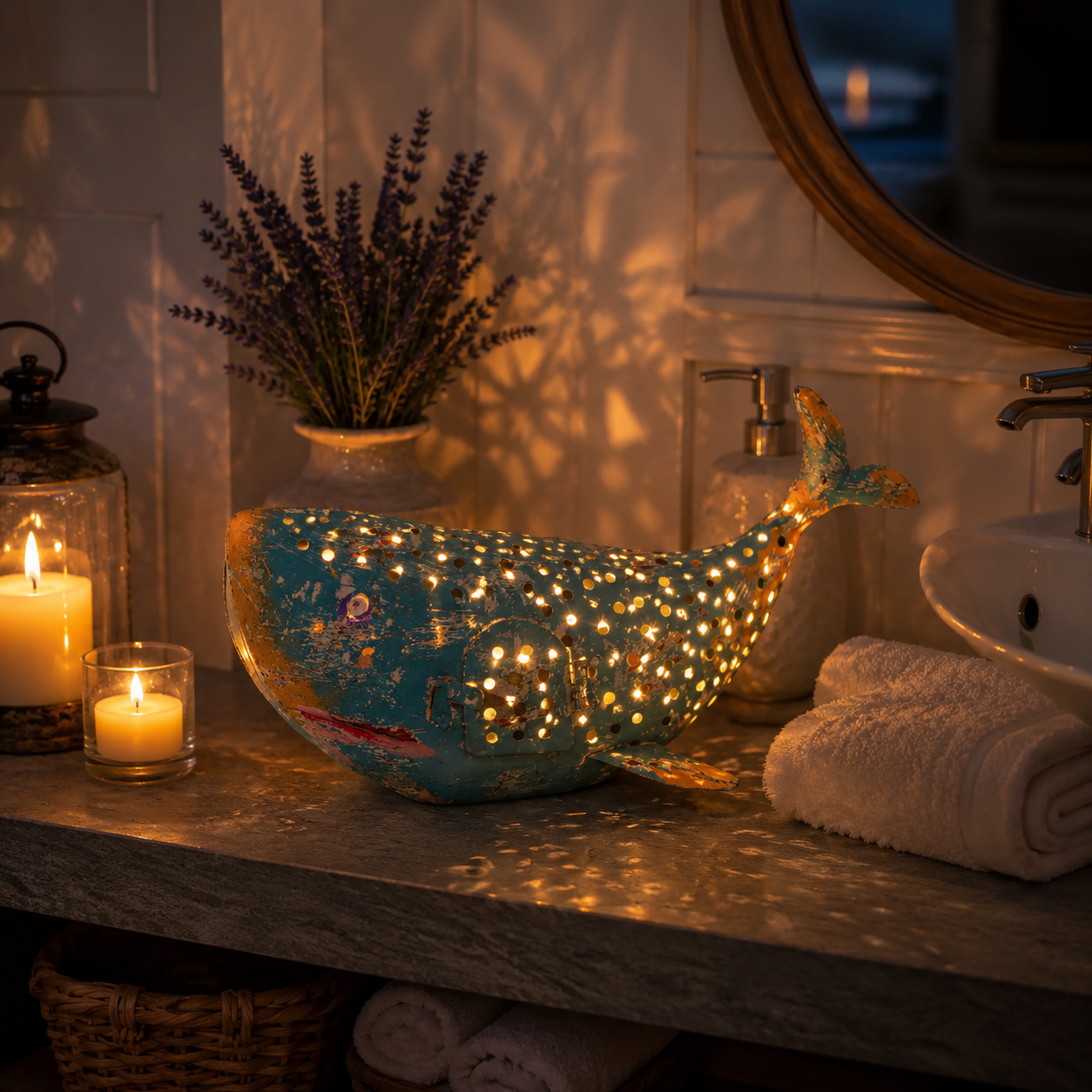 Coastal Metal Whale Lantern Decor