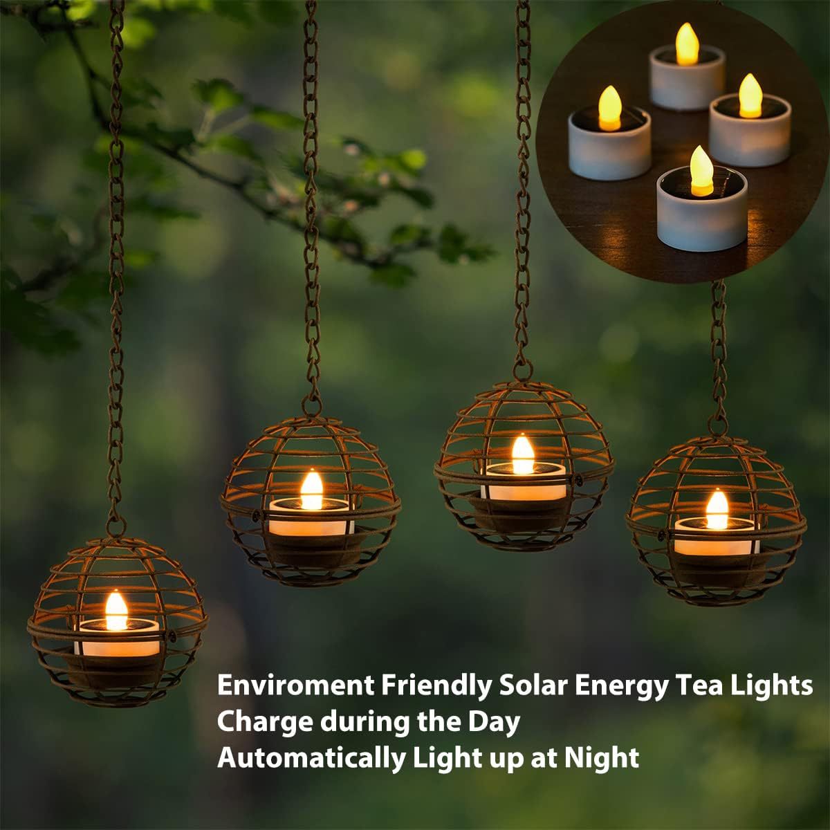 Solar Hanging Tea Light Lantern, Outdoor Waterproof Hanging Lantern