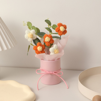 Handmade Knitted Crochet Daisy Bouquet with Pink Pot & Fairy Lights – Knitted Tabletop Gift Decor