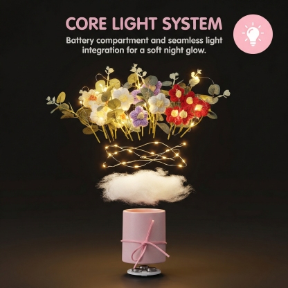 Handmade Knitted Crochet Daisy Bouquet with Pink Pot & Fairy Lights – Knitted Tabletop Gift Decor