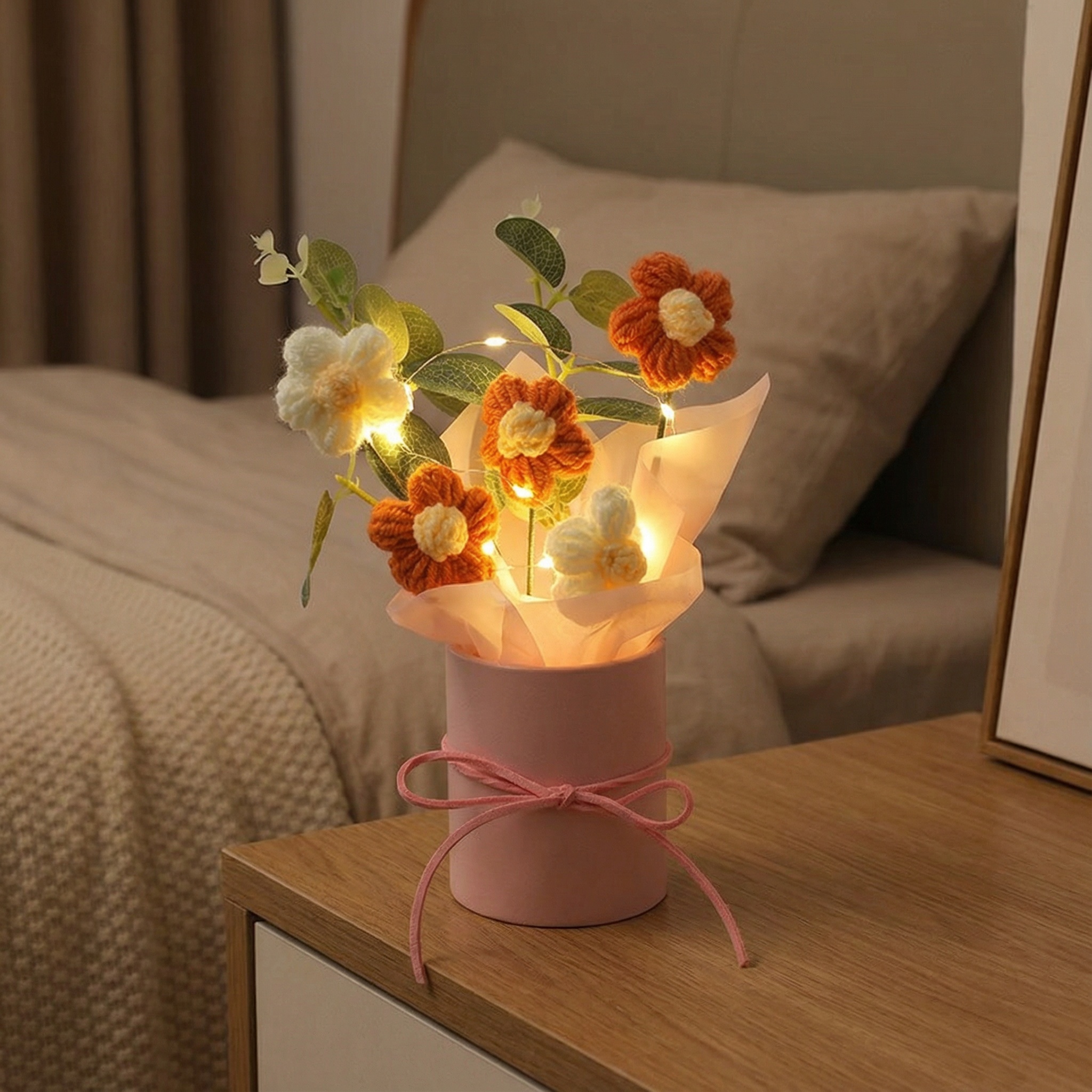Handmade Knitted Crochet Daisy Bouquet with Pink Pot & Fairy Lights – Knitted Tabletop Gift Decor