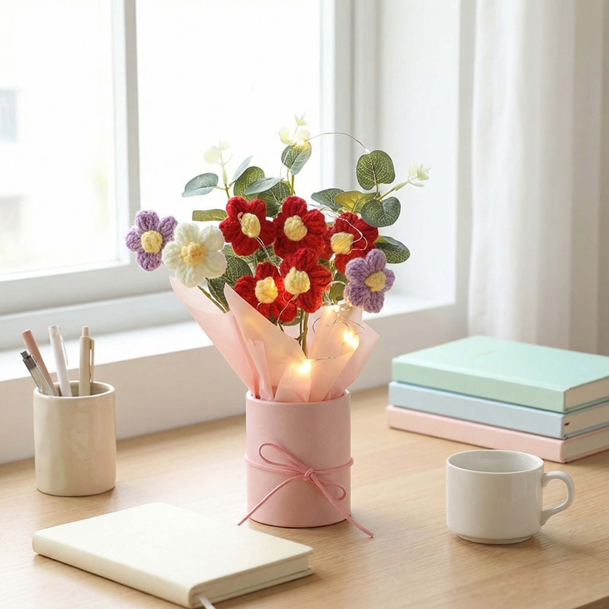 Handmade Knitted Crochet Daisy Bouquet with Pink Pot & Fairy Lights – Knitted Tabletop Gift Decor