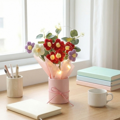 Handmade Knitted Crochet Daisy Bouquet with Pink Pot & Fairy Lights – Knitted Tabletop Gift Decor
