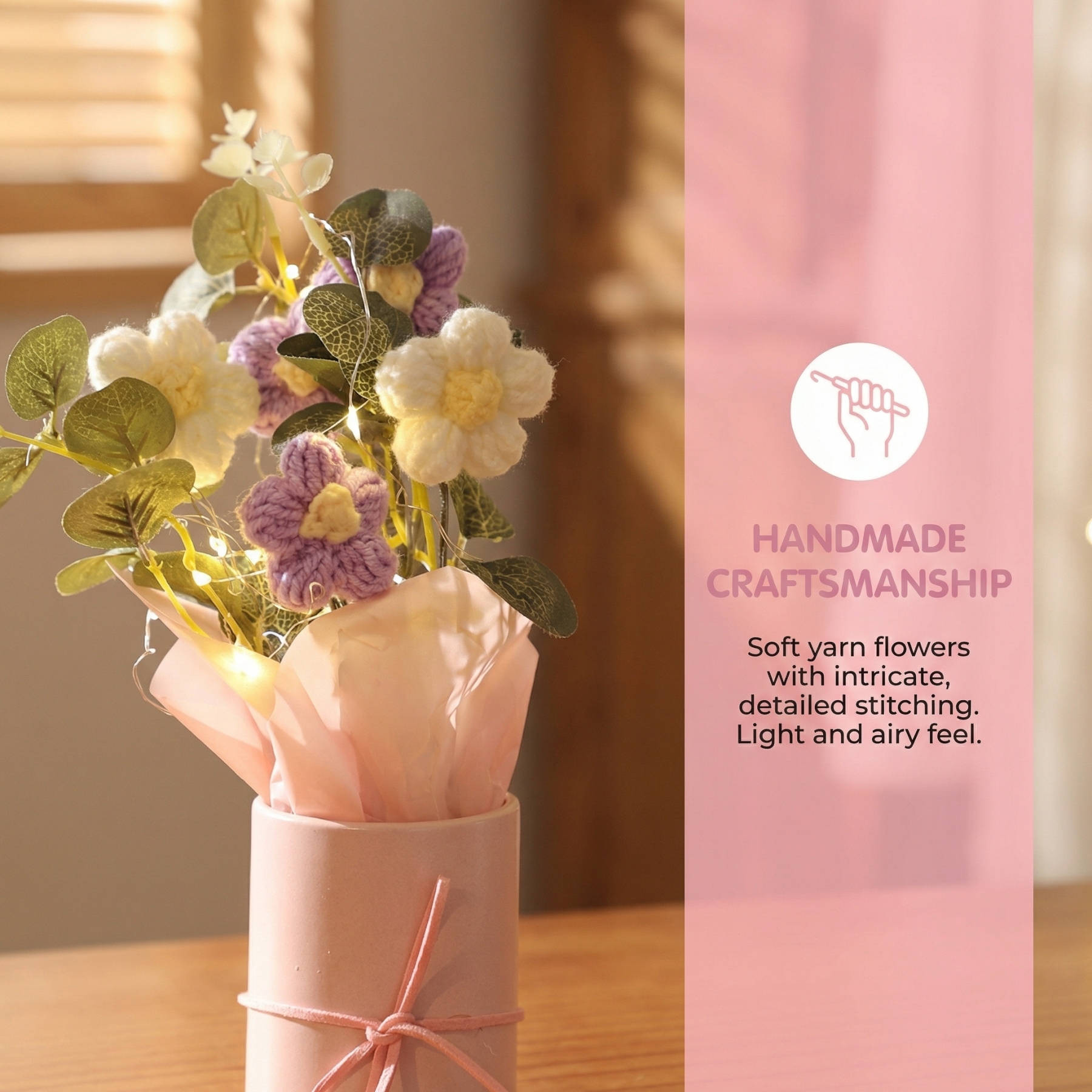 Handmade Knitted Crochet Daisy Bouquet with Pink Pot & Fairy Lights – Knitted Tabletop Gift Decor