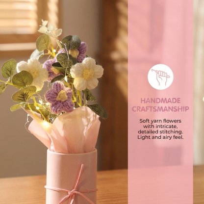 Handmade Knitted Crochet Daisy Bouquet with Pink Pot & Fairy Lights – Knitted Tabletop Gift Decor