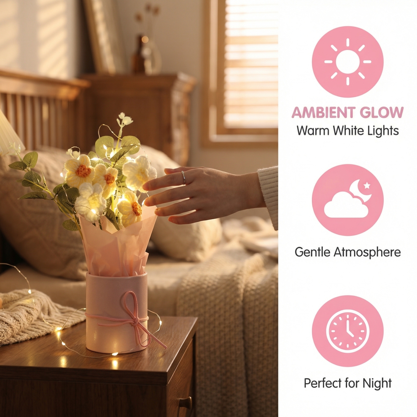 Handmade Knitted Crochet Daisy Bouquet with Pink Pot & Fairy Lights – Knitted Tabletop Gift Decor