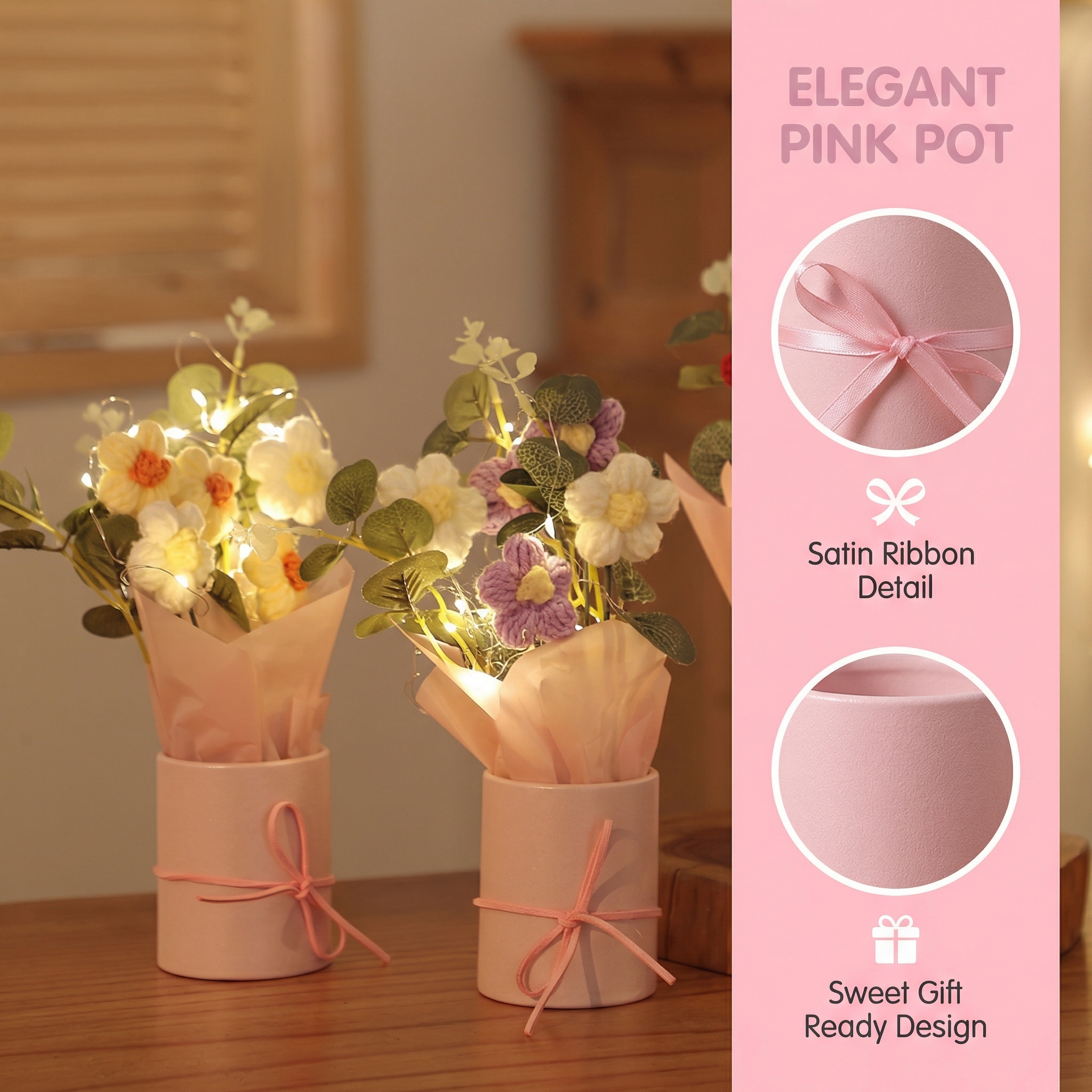 Handmade Knitted Crochet Daisy Bouquet with Pink Pot & Fairy Lights – Knitted Tabletop Gift Decor