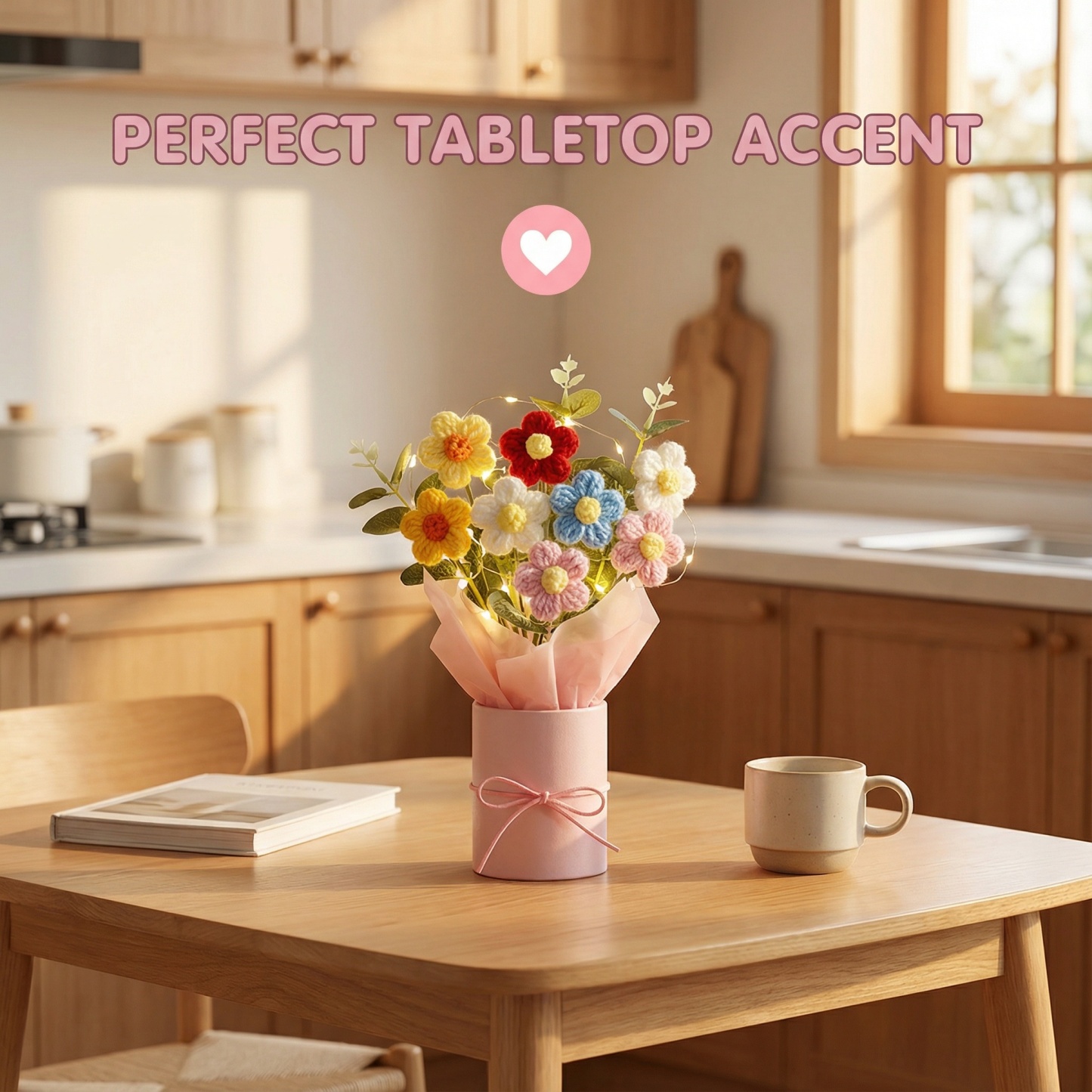 Handmade Knitted Crochet Daisy Bouquet with Pink Pot & Fairy Lights – Knitted Tabletop Gift Decor
