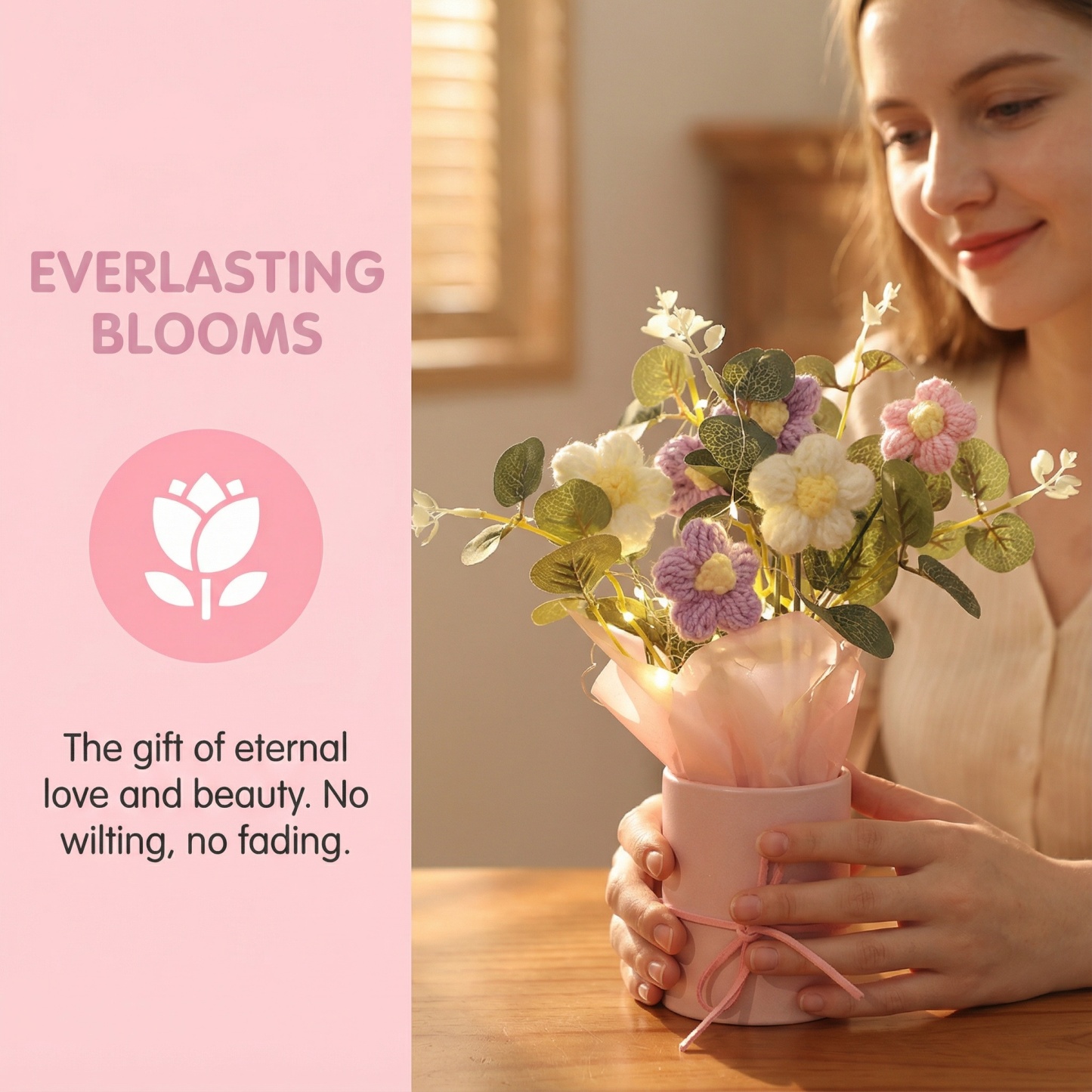 Handmade Knitted Crochet Daisy Bouquet with Pink Pot & Fairy Lights – Knitted Tabletop Gift Decor