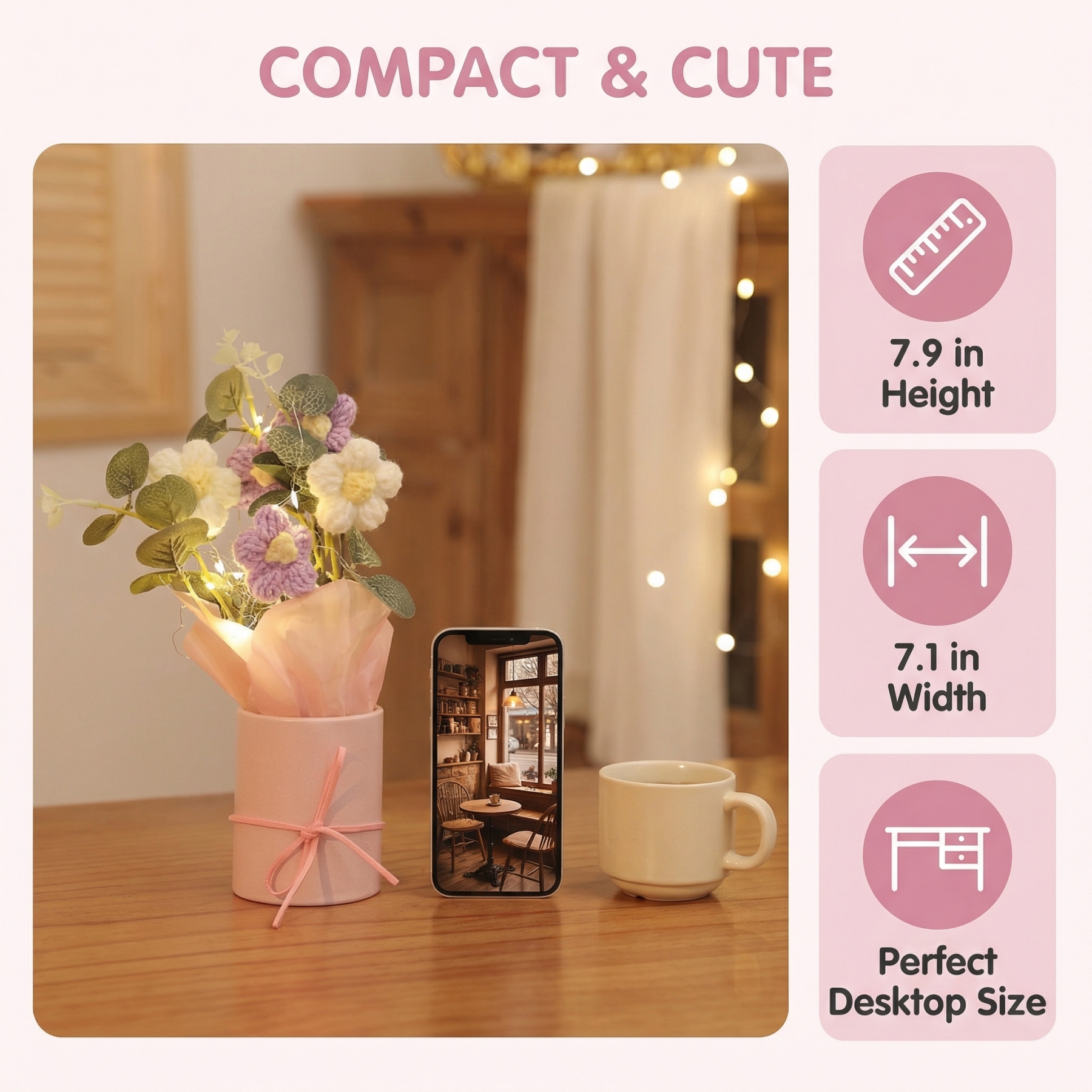 Handmade Knitted Crochet Daisy Bouquet with Pink Pot & Fairy Lights – Knitted Tabletop Gift Decor