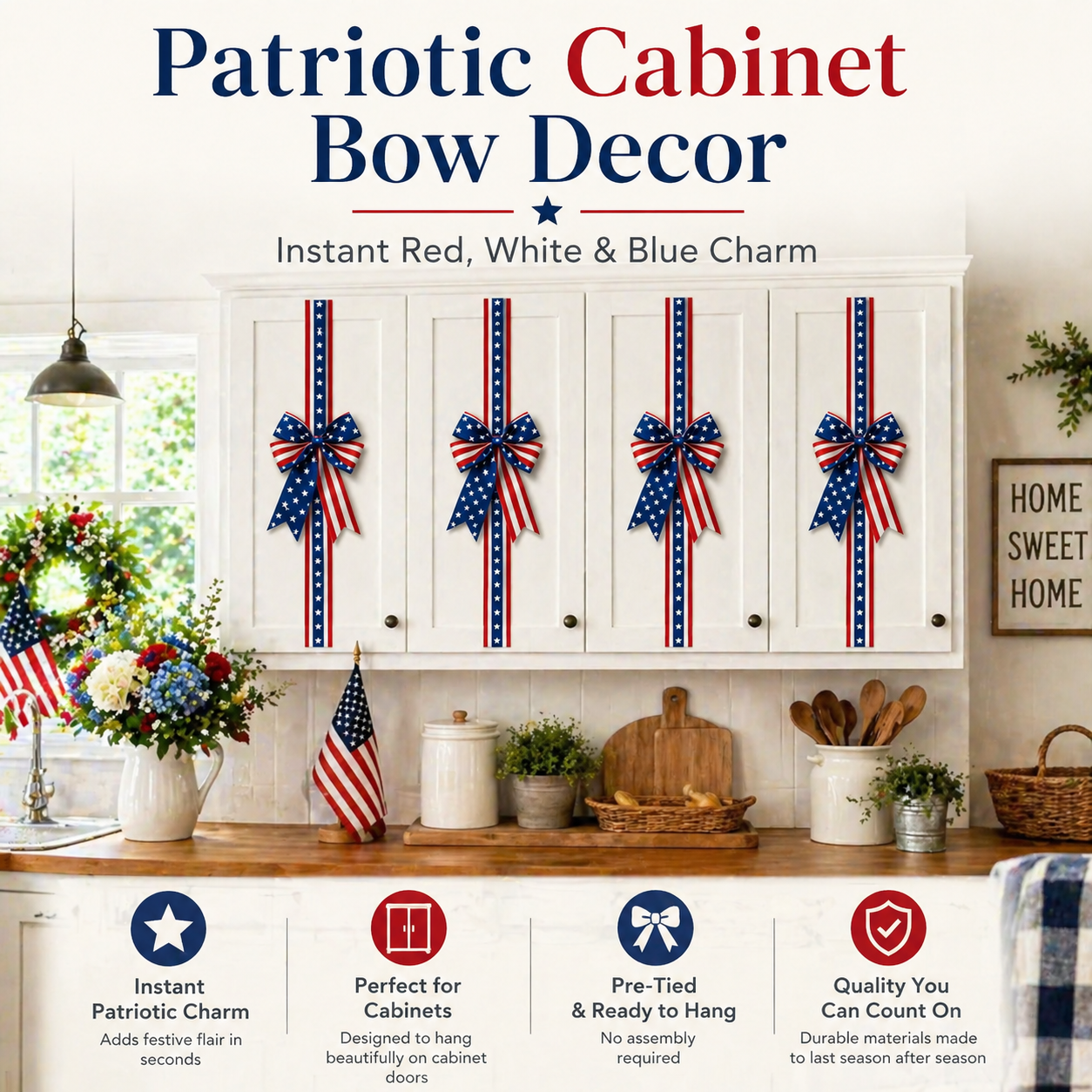 2 PCS Independence Day & Memorial Day Cabinet Door Patriotic Bow Ribbons