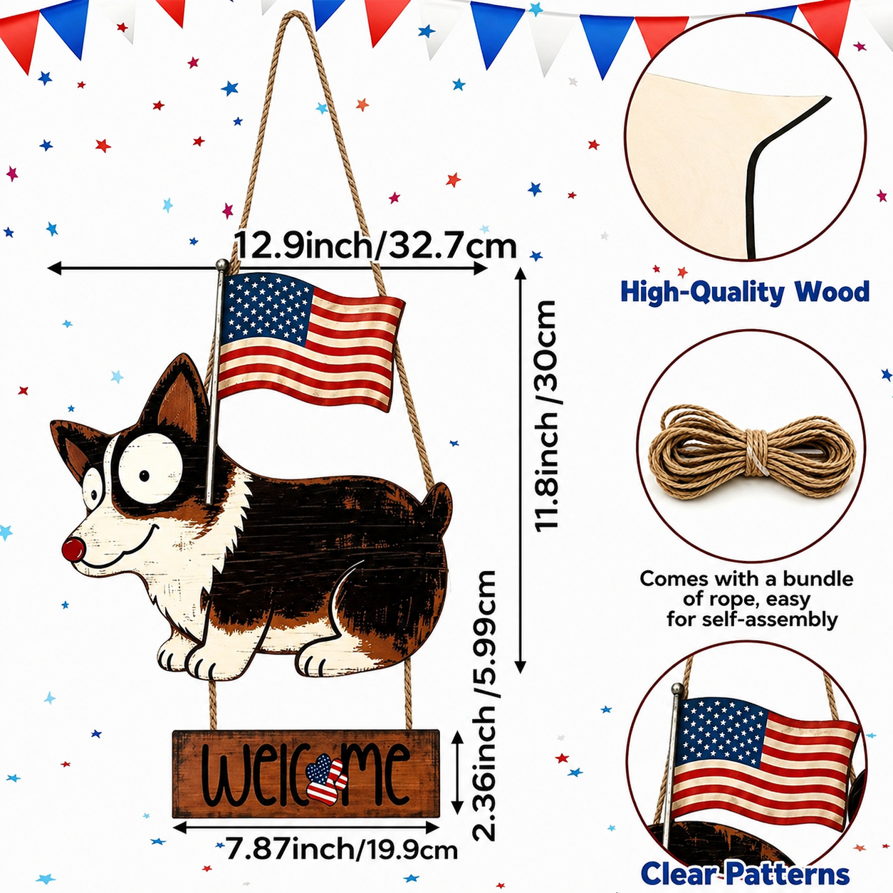 Wooden American Flag Dog Porch Sign for Front Door
