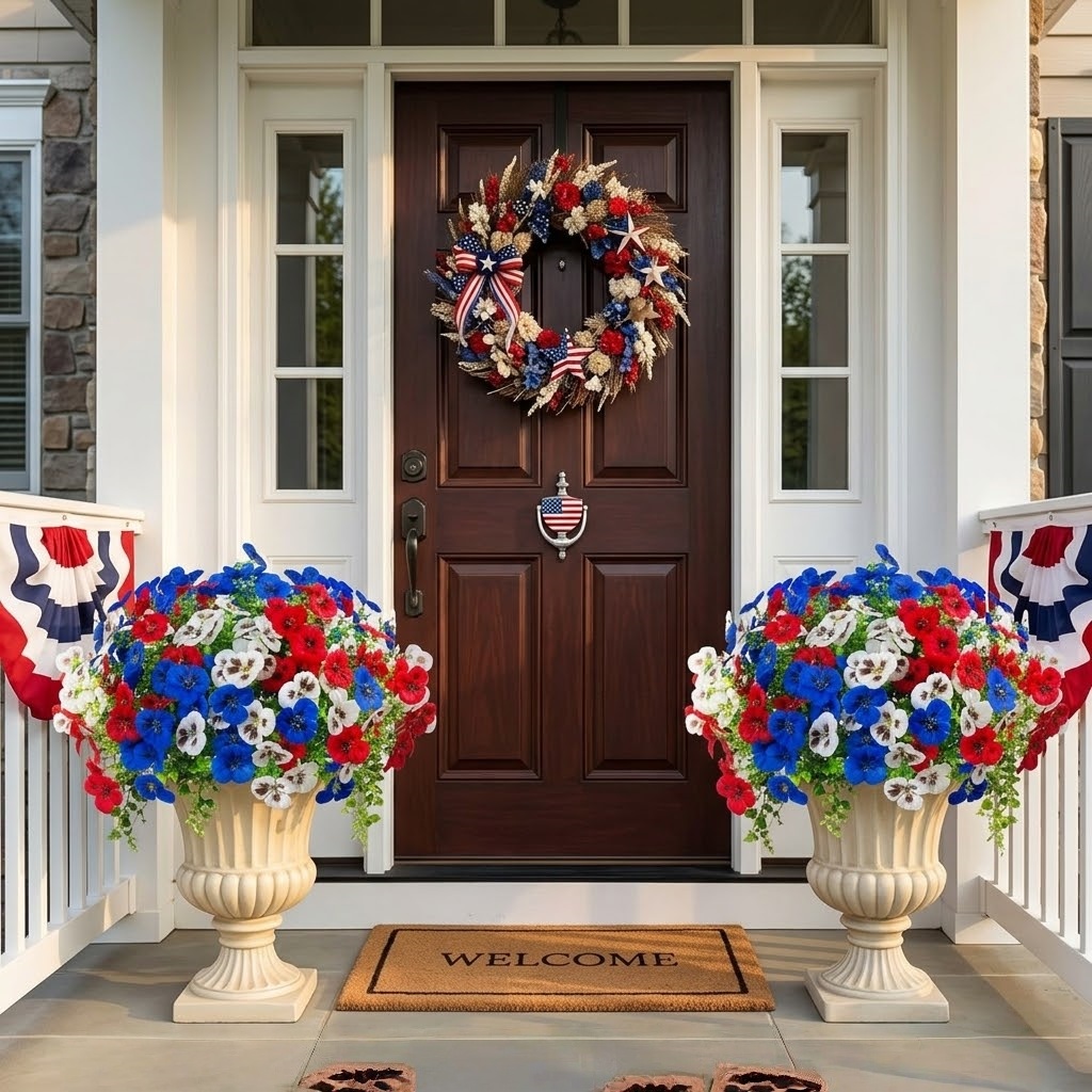 Artificial Patriotic Pansy Flowers for Planters, Red White Blue Faux Flowers for Porch, Garden & Window Box