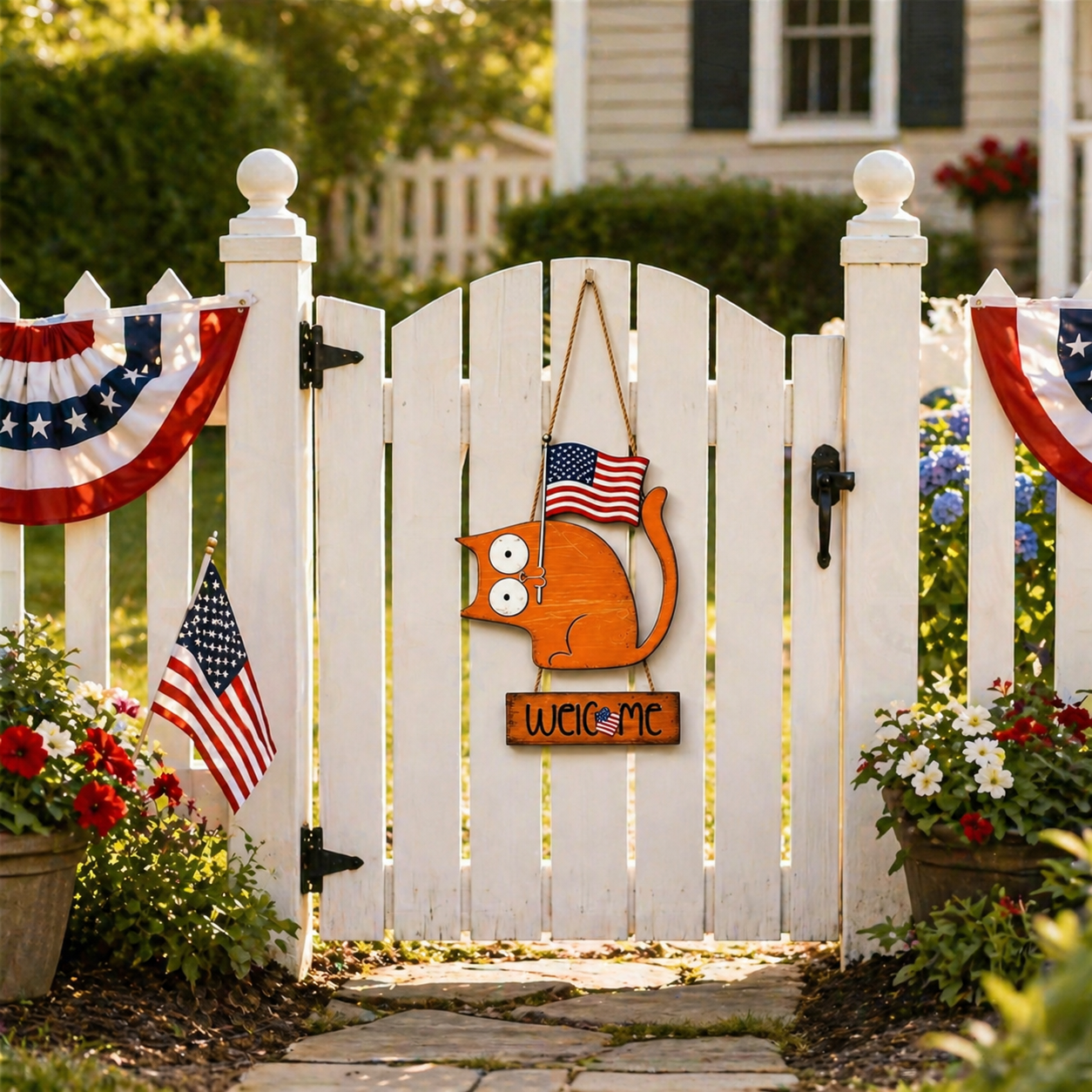 Patriotic Cat Welcome Sign Wooden Hanging Decor