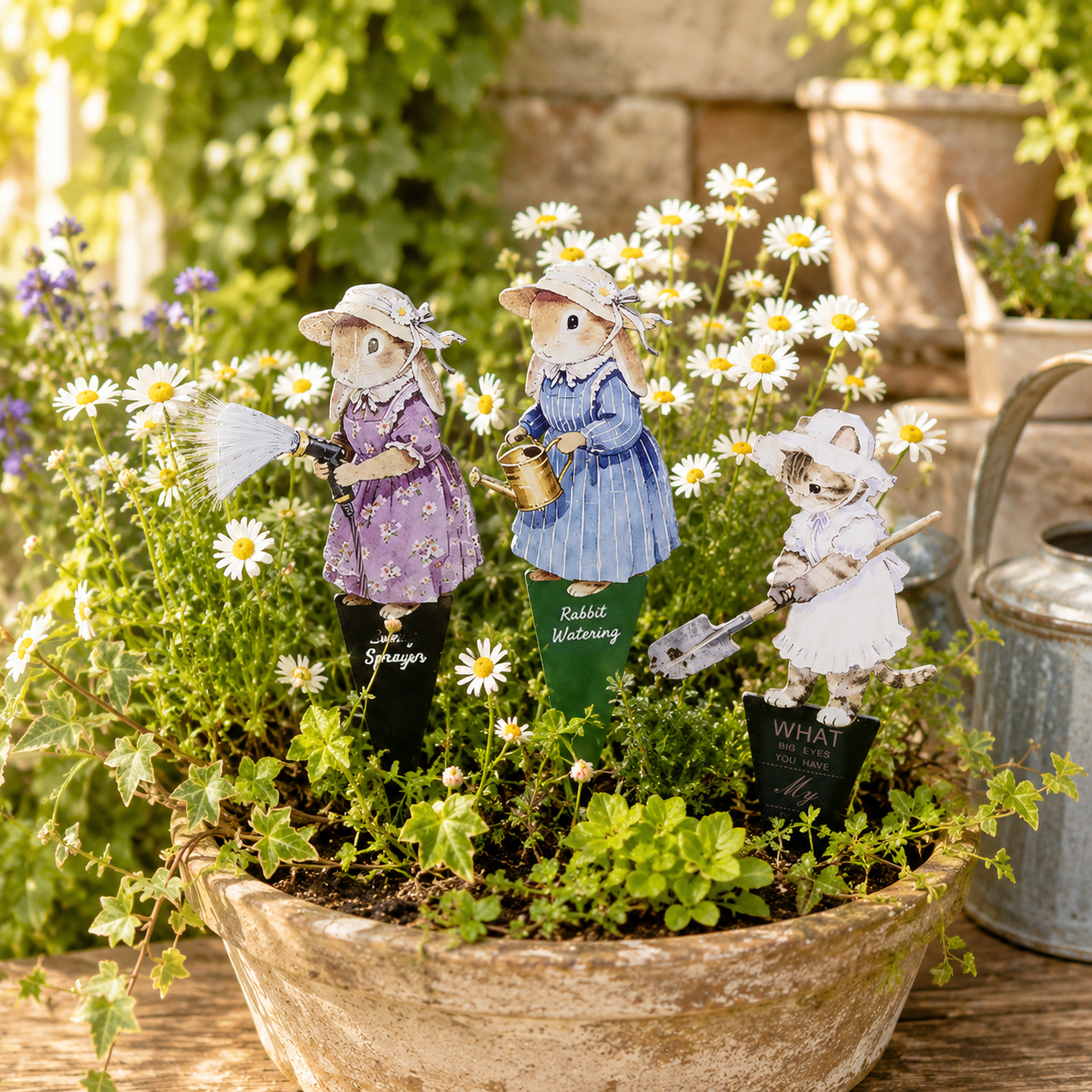 Vintage Garden Stake Decorations 🌼 Mini Umbrella with Cat & Bunny Planter Stakes