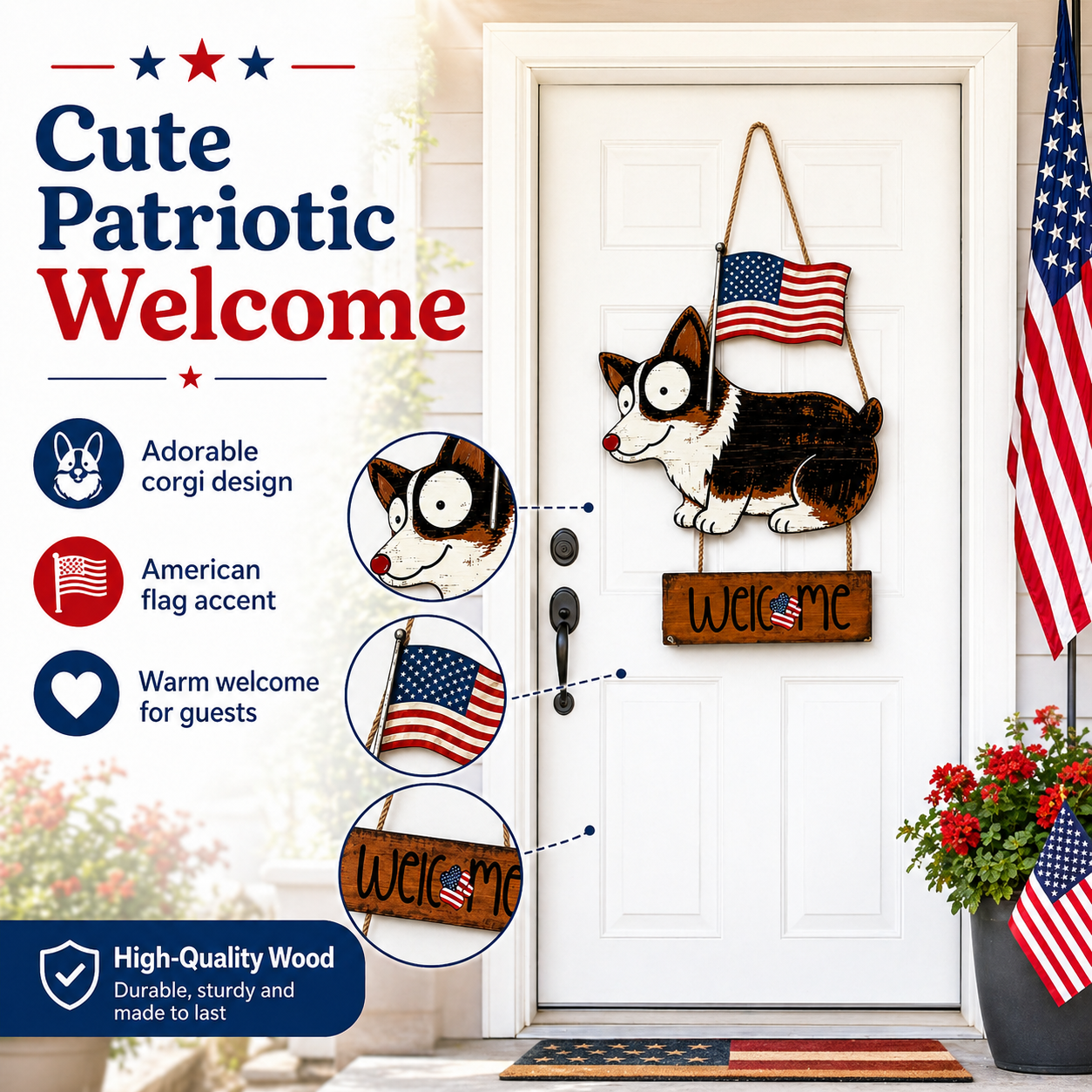 Wooden American Flag Dog Porch Sign for Front Door