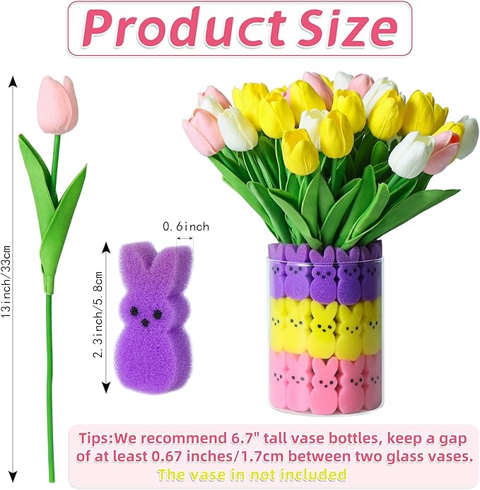 Artificial Tulips Flowers, Real Touch Latex Bouquet with Easter Sponge Bunny Vase Fillers– Spring Tabletop Decor Set