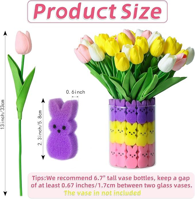 Artificial Tulips Flowers, Real Touch Latex Bouquet with Easter Sponge Bunny Vase Fillers– Spring Tabletop Decor Set
