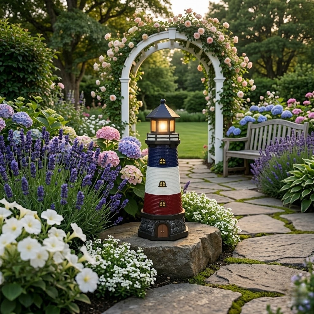 Solar Lighthouse Statue – Coastal Charm with LED Glow for Garden or Pathway
