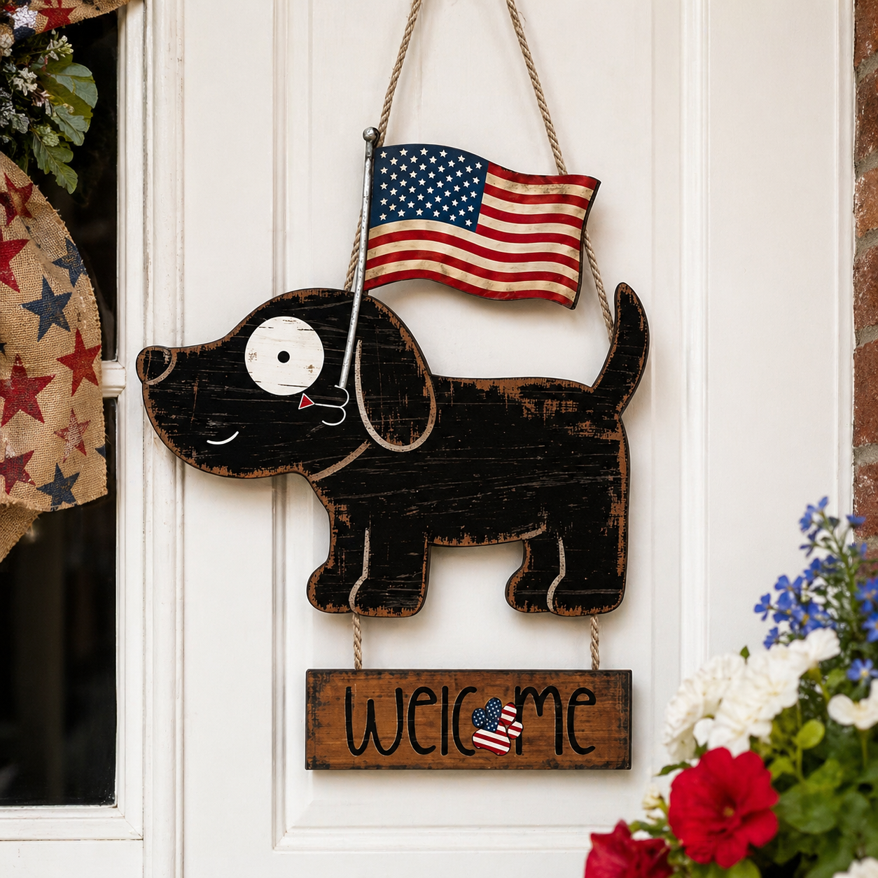 Wooden American Flag Dog Porch Sign for Front Door