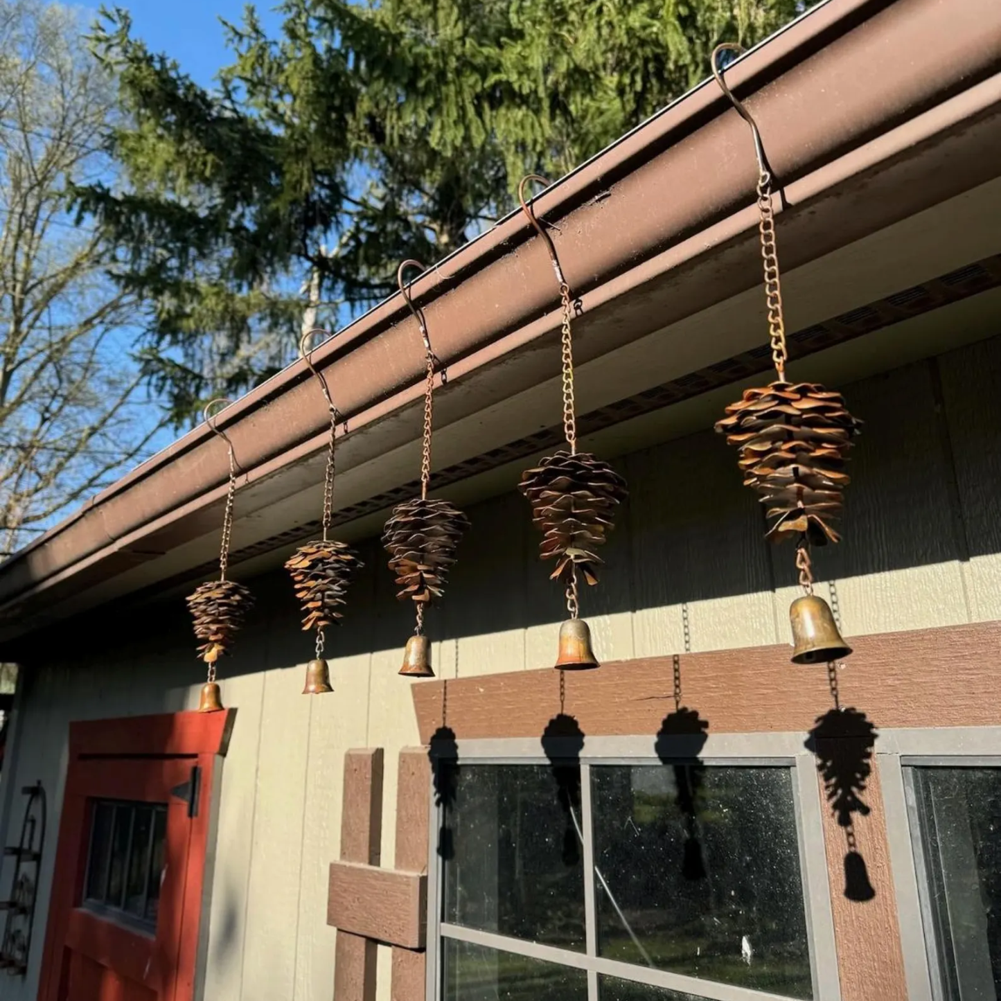 Handmade Metal Pinecone Chime with Bell – Artisan-Crafted Rustic Hanging Decor (11")