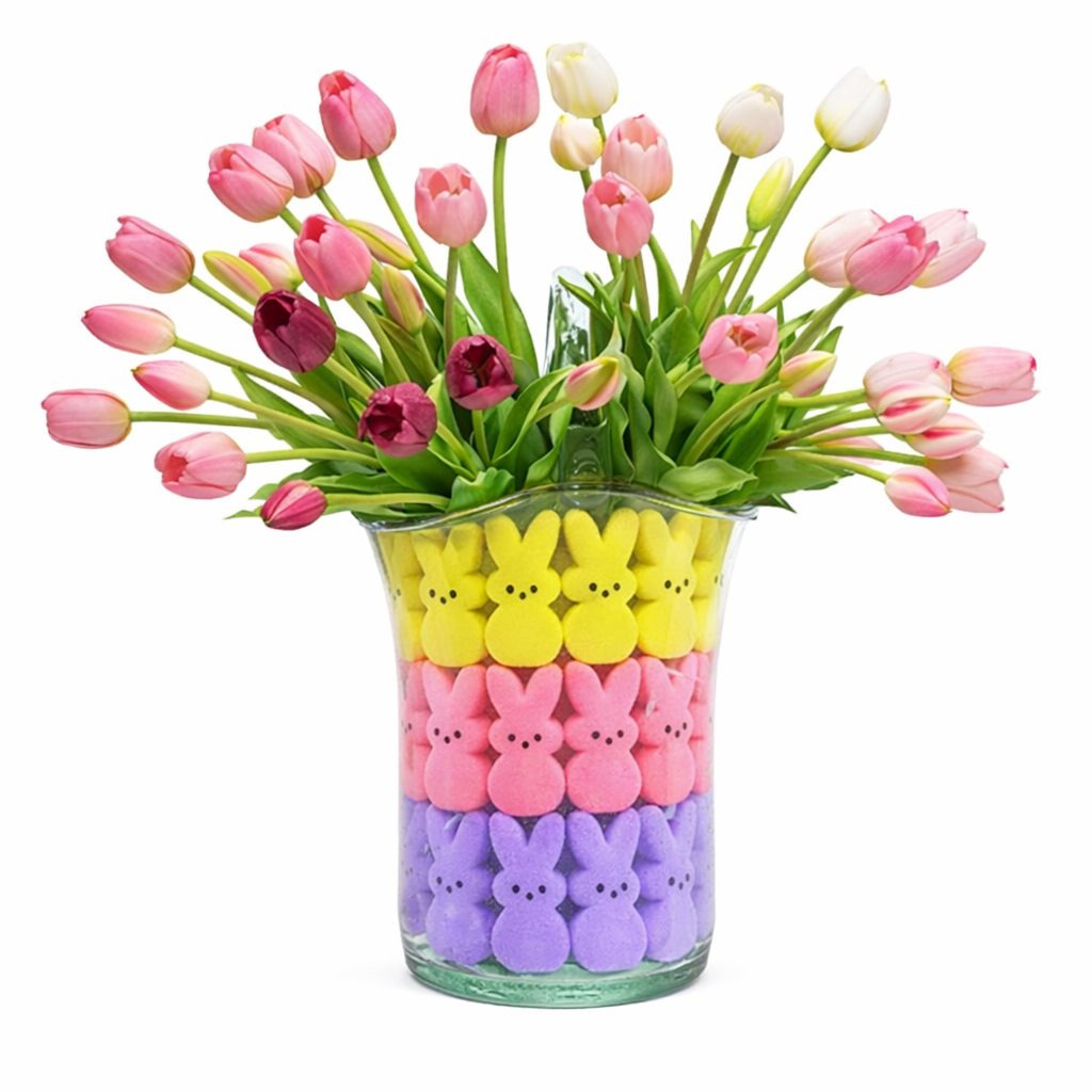 Artificial Tulips Flowers, Real Touch Latex Bouquet with Easter Sponge Bunny Vase Fillers– Spring Tabletop Decor Set