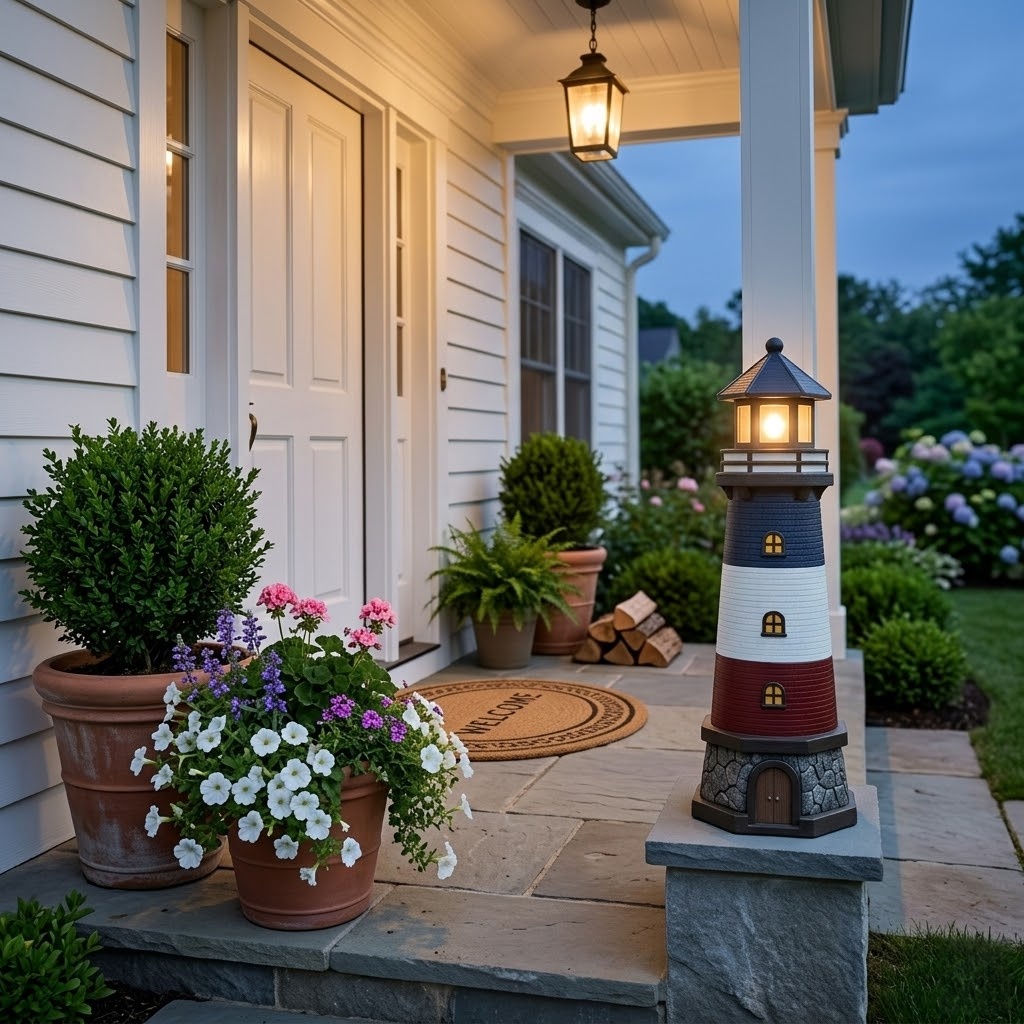 Solar Lighthouse Statue – Coastal Charm with LED Glow for Garden or Pathway