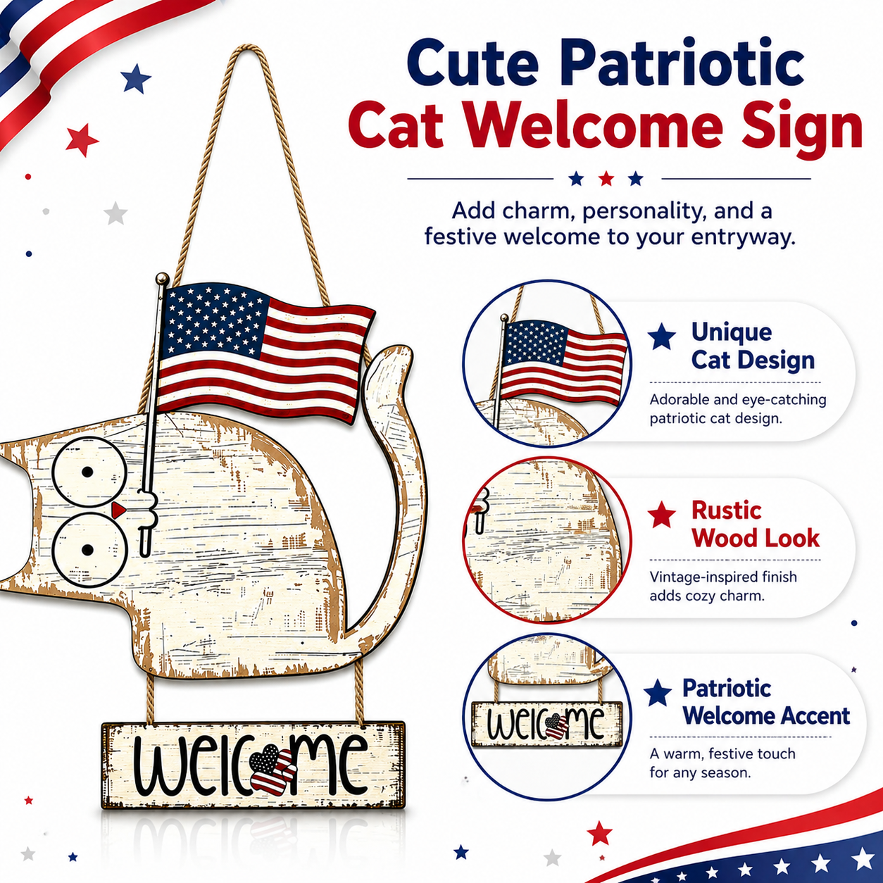 Patriotic Cat Welcome Sign Wooden Hanging Decor