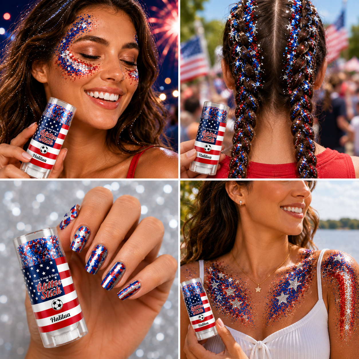 4th of July Glitter Stick – Patriotic Red White Blue Body Glitter for Face, Hair & Nails