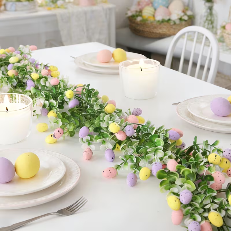 Easter Artificial Garland Decor with Colorful Eggs and Eucalyptus Leaves