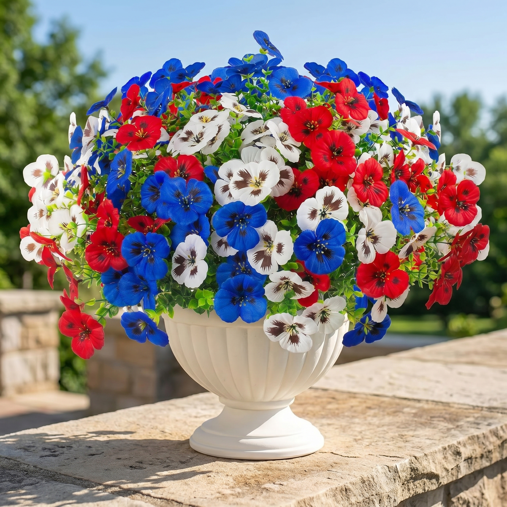 Artificial Patriotic Pansy Flowers for Planters, Red White Blue Faux Flowers for Porch, Garden & Window Box