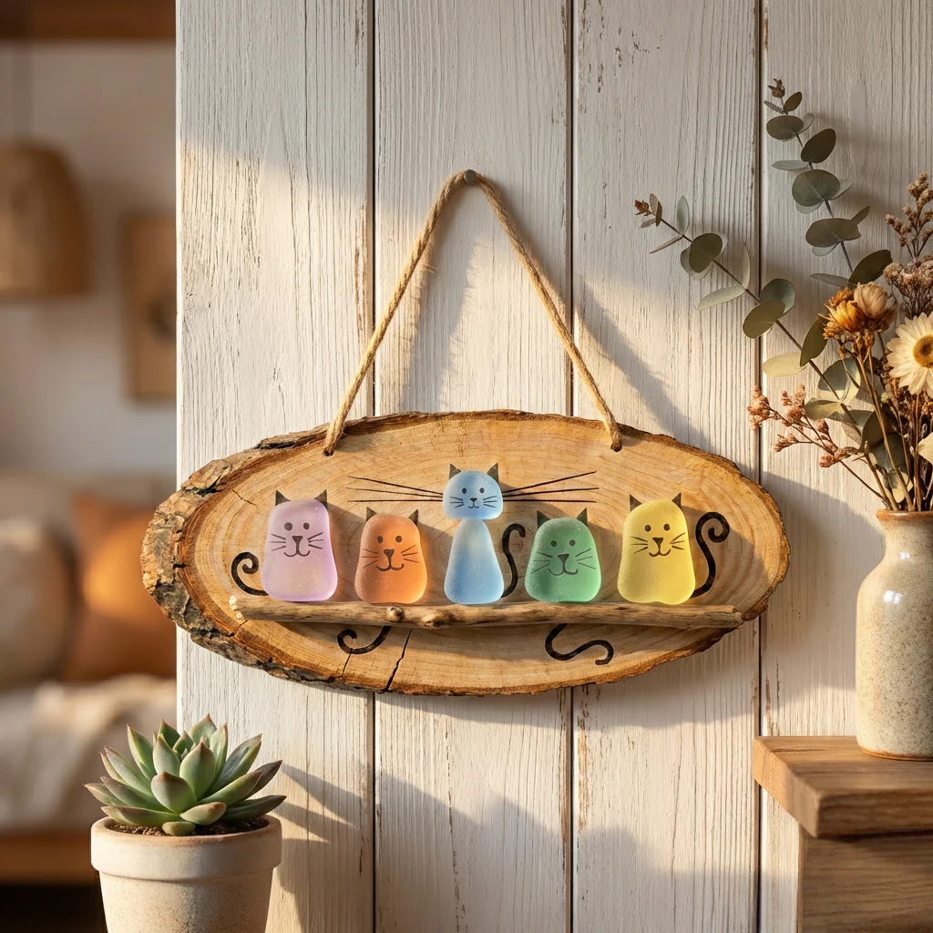 Handmade Sea Glass Cat Wall Hanging