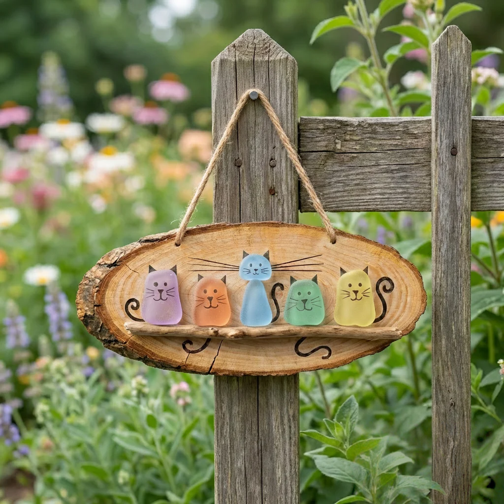 Handmade Sea Glass Cat Wall Hanging