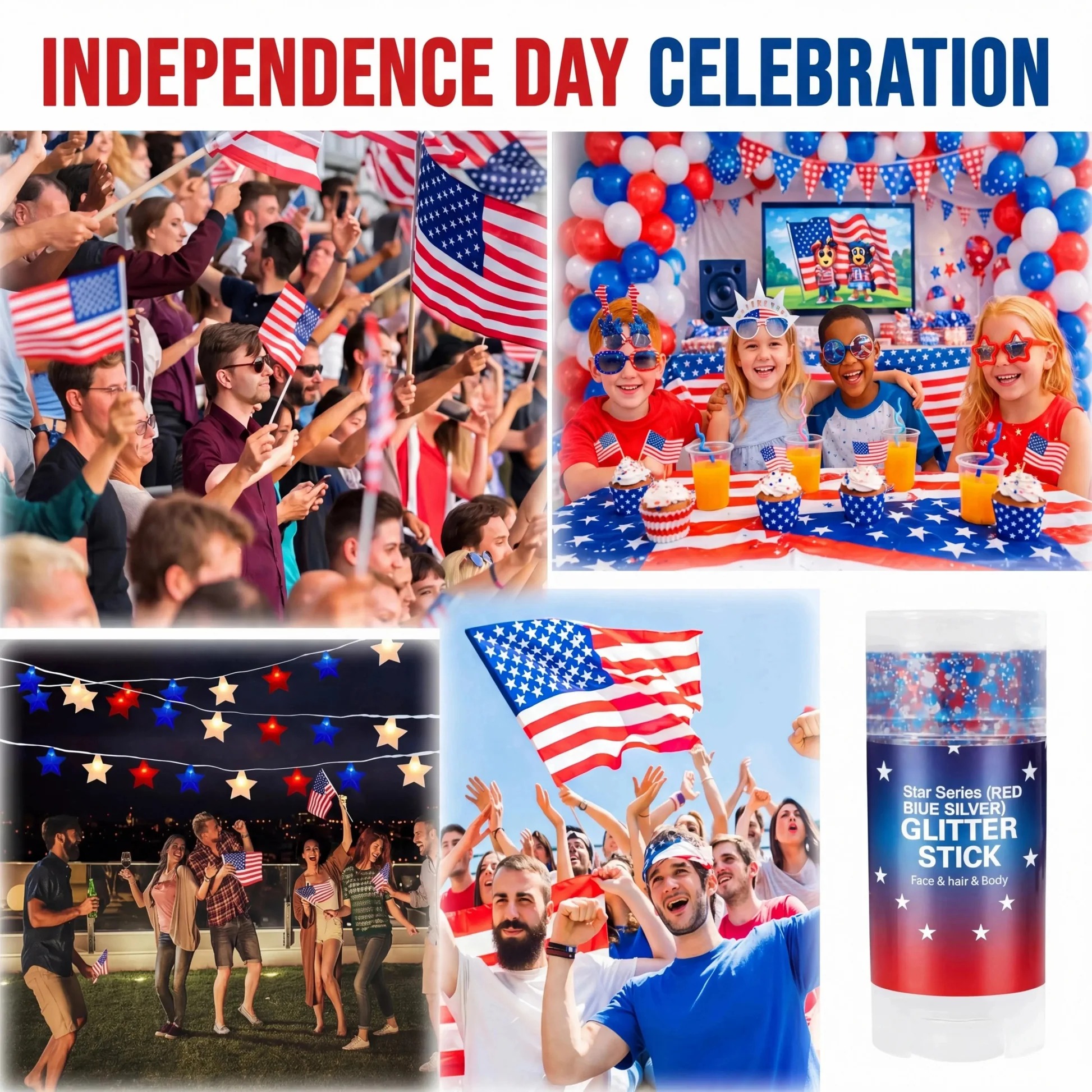 4th of July Glitter Stick – Patriotic Red White Blue Body Glitter for Face, Hair & Nails