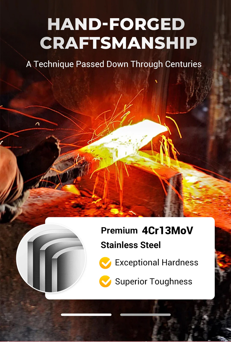 Hand-forged steel knife slicing fresh vegetables