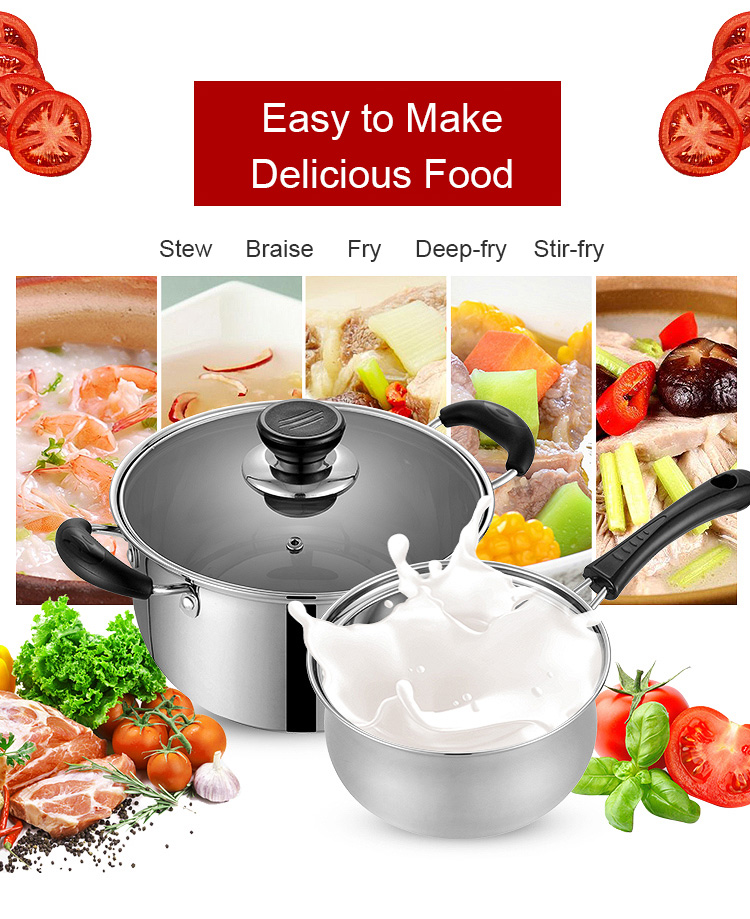 Durable stainless steel pots and pans with lids