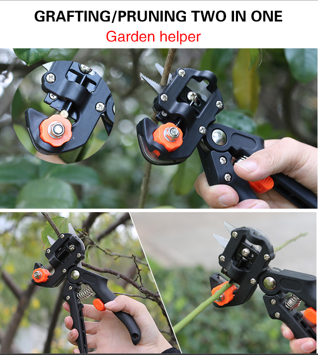 Close-up of garden grafting scissors cutting a branch