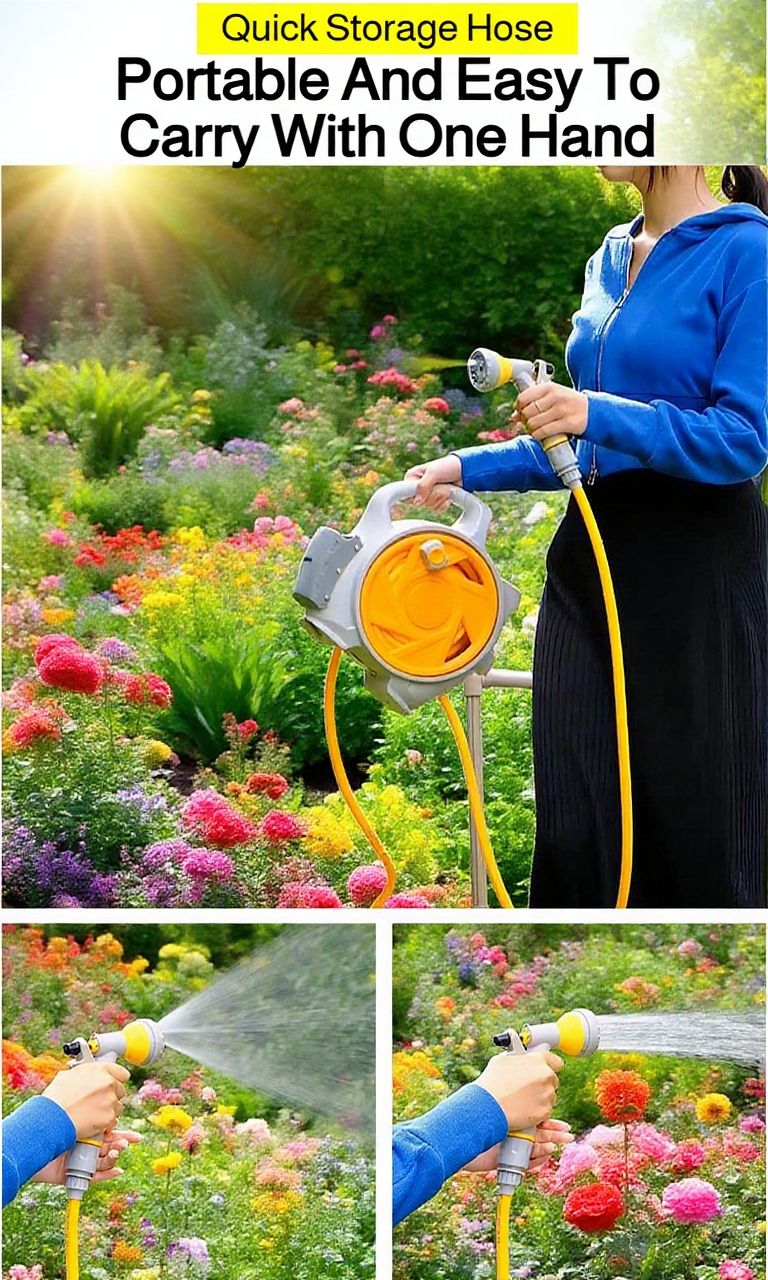 Lightweight portable hose reel on patio
