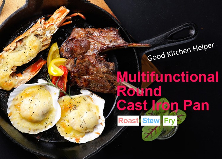 Multifunctional round cast iron pan on kitchen counter