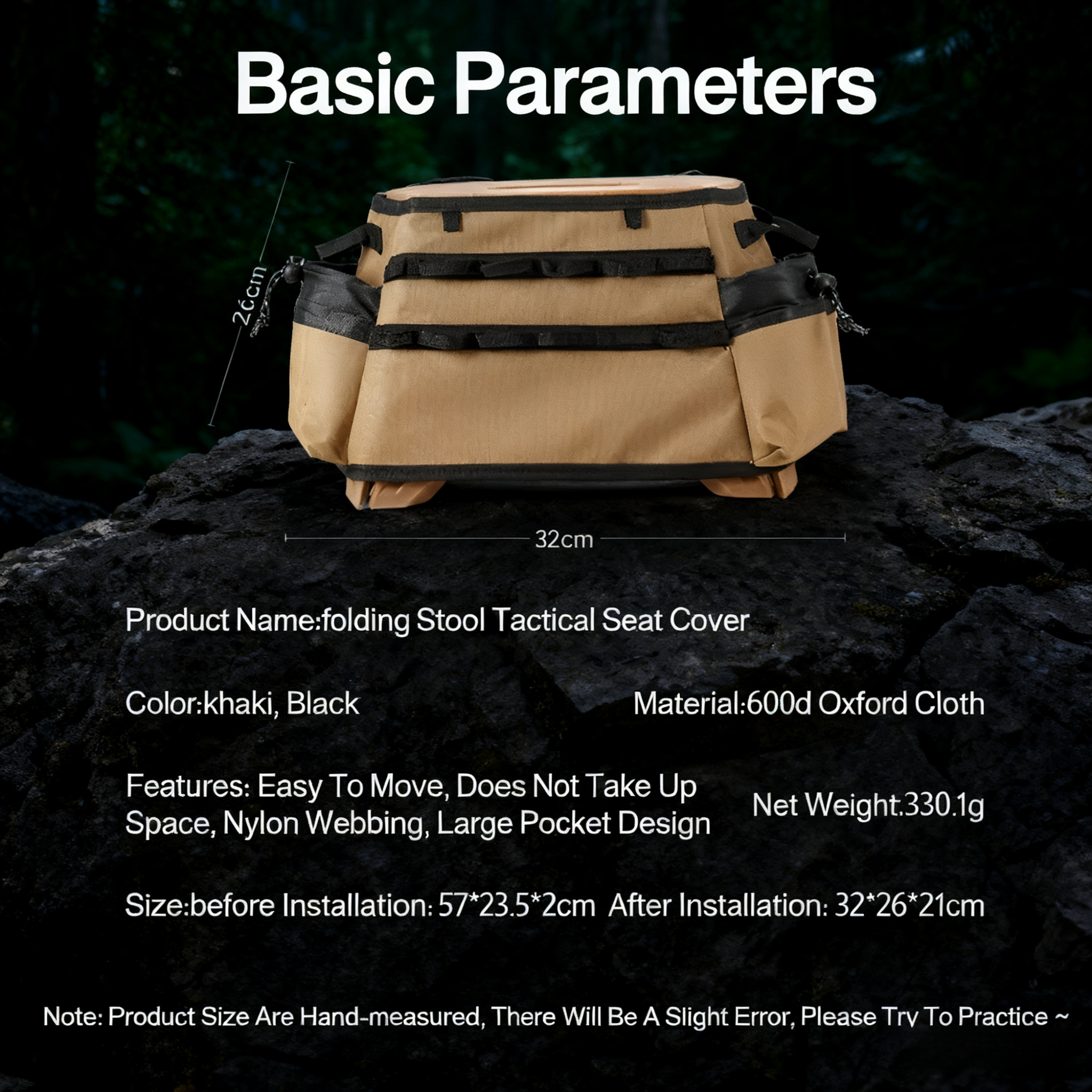 Compact camping stool with storage pockets